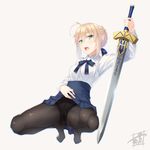  ahoge artoria_pendragon_(all) black_legwear blonde_hair blue_skirt bow bow_panties braid breasts crotch_seam excalibur fate/stay_night fate_(series) french_braid green_eyes hair_ribbon hand_on_hilt highres kazushiki_midori long_sleeves no_shoes panties panties_under_pantyhose pantyhose ribbon saber shirt short_hair sidelocks signature skirt skirt_lift small_breasts solo squatting sword underwear weapon white_shirt 