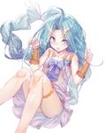  :o ahoge akieda apron bad_id bad_pixiv_id bare_shoulders blue_eyes blue_hair blush commentary_request dress granblue_fantasy hair_ornament hairclip hands_up highres long_hair looking_at_viewer lyria_(granblue_fantasy) no_panties nose_blush open_mouth simple_background sitting solo thighlet thighs v-shaped_eyebrows white_background white_dress 