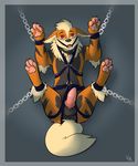  2017 arcanine balls bdsm bondage bound canine chain digital_drawing_(artwork) digital_media_(artwork) feral front_view full-length_portrait fur gag harness kimbasnowpaw looking_at_viewer male mammal nintendo penis pok&eacute;mon portrait questionable_consent ring_gag shaded simple_background solo video_games 