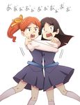  barbara_parker black_hair hanna_england hug little_witch_academia long_hair luna_nova_school_uniform multiple_girls mutual_hug open_mouth ponytail ribbon sabi_(kinokovo) scared school_uniform screaming simple_background socks translated white_background yellow_ribbon 