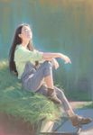  ankle_boots black_hair blurry boots closed_eyes dannis dated depth_of_field faux_traditional_media grass happy highres lips long_hair looking_up original overalls pond realistic signature sitting sleeves_rolled_up smile solo water 