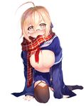  ahoge artoria_pendragon_(all) bad_id bad_pixiv_id black_legwear blonde_hair blush breasts cleavage fate/grand_order fate_(series) glasses large_breasts long_sleeves looking_at_viewer mysterious_heroine_x_(alter) nipples no_bra plaid plaid_scarf red_scarf scarf seiza semi-rimless_eyewear short_hair sitting solo thighhighs yellow_eyes yuruto 