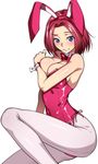  animal_ears bare_shoulders blue_eyes blush bow bowtie breasts bunny_ears bunnysuit cleavage code_geass covered_navel covering detached_collar embarrassed fake_animal_ears kallen_stadtfeld large_breasts leotard pantyhose pink_legwear pink_leotard raised_eyebrow red_hair shiny shiny_clothes shiny_hair short_hair side-tie_leotard simple_background tomohiro_kai white_background wrist_cuffs 