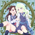  :d arm_holding asymmetrical_bangs bangs blonde_hair blue_dress blue_eyes blue_legwear brown_hair commentary commentary_request couple diana_cavendish dress eye_contact half_updo hand_on_another's_arm kagari_atsuko kneehighs little_witch_academia long_hair long_sleeves looking_at_another luna_nova_school_uniform multiple_girls neck_ribbon open_mouth red_eyes ribbon round_teeth sabo10 sash school_uniform shirt side-by-side sitting sleeveless sleeveless_dress smile sparkle teeth wavy_hair white_shirt yuri 