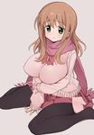  achiga_school_uniform breasts brown_hair cardigan green_eyes large_breasts long_hair matsumi_yuu mittens pantyhose pink_cardigan ribbon saki saki_achiga-hen scarf shisoneri skirt solo thighhighs 