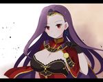  breasts cape capelet cleavage earrings fire_emblem fire_emblem_echoes:_mou_hitori_no_eiyuuou gloves jewelry large_breasts long_hair purple_hair red_eyes shira_yu_ki solo sonia_(fire_emblem_gaiden) tiara upper_body 