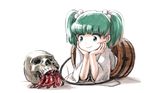  :&gt; antennae bangs blunt_bangs blush_stickers bucket green_eyes green_hair hair_bobbles hair_ornament head_rest hermit_crab in_bucket in_container kisume looking_at_another lying meimaru_inuchiyo on_stomach skull smile touhou twintails white_background wide_sleeves wooden_bucket 