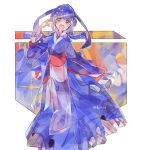  1girl :o blue_dress blue_hair creatures_(company) dangowamu dress full_body game_freak gen_3_pokemon hair_ornament hand_up kyogre long_hair long_sleeves looking_at_viewer nintendo personification pokemon red_eyes simple_background solo standing twitter_username white_background 