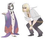  1girl alcohol belt belt_buckle bob_cut breasts buckle chain cup fate/grand_order fate_(series) horns how_to_talk_to_short_people japanese_clothes jewelry kimono meme oni open_clothes open_kimono pog ring sakata_kintoki_(fate/grand_order) sakazuki sake shoes short_hair shuten_douji_(fate/grand_order) sleeves_rolled_up small_breasts straight_hair sunglasses 
