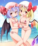  bat_wings beach bikini blonde_hair blue_hair blush bow breasts collarbone crystal day fang flandre_scarlet hair_bow hat hat_bow hat_ribbon highres holding_hands interlocked_fingers looking_at_viewer mob_cap multiple_girls navel open_mouth outdoors red_bow red_eyes remilia_scarlet ribbon short_hair siblings side-tie_bikini side_ponytail sisters small_breasts striped striped_bikini suwa_yasai swimsuit touhou water wings wrist_cuffs 
