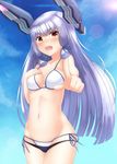  :o bikini black_bikini_bottom blue_ribbon breasts collarbone eyebrows_visible_through_hair hair_ribbon headgear highres kantai_collection long_hair mismatched_bikini murakumo_(kantai_collection) open_mouth orange_eyes pointing ribbon shirasawa_kazane side-tie_bikini silver_hair small_breasts solo swimsuit tress_ribbon v-shaped_eyebrows white_bikini_bottom white_bikini_top 