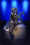  2015 4_toes anthro barefoot blue_eyes blue_nose cat clothed clothing digitigrade feline fur grey_fur grey_hair hair mammal neotheta sitting smile toes 