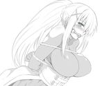  ball_gag bdsm blush bodysuit bondage bound bound_arms breast_bondage breasts darkness_(konosuba) drooling gag greyscale hair_ornament impossible_clothes inue_shinsuke kono_subarashii_sekai_ni_shukufuku_wo! large_breasts long_hair monochrome ponytail saliva sidelocks solo torn_bodysuit torn_clothes x_hair_ornament 