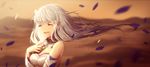  artist_name bare_shoulders blurry blurry_background blush braid breasts cleavage cleavage_cutout closed_eyes crown_braid detached_collar detached_sleeves dress emilia_(re:zero) eyebrows_visible_through_hair facing_viewer gem grey_hair hair_ornament hairclip hand_on_own_chest happy long_hair long_sleeves motion_blur open_mouth petals pixiv_id re:zero_kara_hajimeru_isekai_seikatsu rimuu sleeveless sleeveless_dress small_breasts solo upper_body white_dress wind 