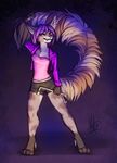  2015 4_toes anthro barefoot breasts cat clothed clothing digitigrade ear_piercing feline female hair mammal neotheta piercing pink_eyes purple_hair solo toes 