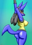  2017 big_breasts blue_fur blush breasts butt chameloshi erect_nipples female fur lactating looking_at_viewer lucario nintendo nipples pinup pok&eacute;mon pose red_eyes side_boob signature solo stretching tan_fur video_games wide_hips 