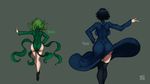  artist_name ass backboob black_legwear blue_hair breasts character_name from_behind fubuki_(one-punch_man) full_body green_hair grey_background highres hips huge_ass large_breasts multiple_girls no_panties one-punch_man pointing short_hair siblings simple_background sisters tatsumaki the_golden_smurf thighhighs thighs white_background wide_hips 