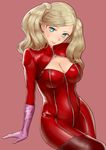  blonde_hair blue_eyes blush bodysuit boots breasts cleavage earrings gloves highres jewelry long_hair looking_at_viewer medium_breasts monotiina persona persona_5 pink_background pink_gloves red_legwear simple_background solo sweatdrop takamaki_anne thigh_boots thighhighs twintails 