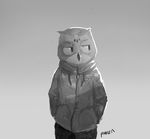  2017 anthro avian beak bird clothed clothing dymos_(daemondymos) grey_background greyscale hands_in_pockets hoodie male monochrome owl panzery25 signature simple_background solo standing 