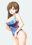  absurdres blush breasts brown_eyes brown_hair cleavage commentary_request competition_swimsuit covered_navel highres idolmaster idolmaster_cinderella_girls idolmaster_cinderella_girls_starlight_stage large_breasts long_hair nitta_minami one-piece_swimsuit open_mouth pussy smile solo swimsuit wakuta_chisaki 