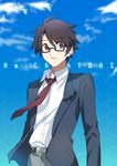  brown_hair cloud copyright_name glasses highres jacket male_focus mizushino_souta necktie nikame open_mouth re:creators red_eyes school_uniform short_hair 