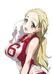  blonde_hair breasts girls_und_panzer green_eyes hair_pulled_back hairband impossible_clothes impossible_shirt inue_shinsuke large_breasts long_hair looking_at_viewer open_mouth ponytail sasaki_akebi shirt simple_background smile solo sportswear sweat towel volleyball_uniform wet wet_clothes white_background 