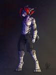  2015 4_toes anthro barefoot black_nose blue_eyes clothed clothing digitigrade feline hair lynx male mammal neotheta red_hair simple_background toes topless 