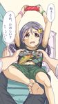  ... 1boy 1girl ? arms_up barefoot braid breasts collarbone couch feet groping hair_between_eyes hair_ornament holding idolmaster idolmaster_cinderella_girls inkm long_hair lying miyoshi_sana navel on_back open_mouth pac-man pov print_shirt shirt shirt_lift short_sleeves shorts soles solo_focus text toes twin_braids 