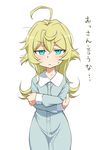  :&lt; ahoge bad_id bad_tinami_id bangs blonde_hair blue_eyes closed_mouth crossed_arms frown funnyari long_hair looking_at_viewer nightgown pajamas simple_background solo standing sweatdrop tanya_degurechaff translated upper_body v-shaped_eyebrows white_background youjo_senki 
