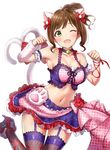  ;d animal_ears arm_warmers armband armpit_peek bare_shoulders bell bell_collar bow breasts brown_hair cat_ears cat_tail cleavage clenched_hands collar eyebrows_visible_through_hair fake_animal_ears fang frilled_skirt frills garter_straps green_eyes hair_bow hands_up heart heart_tail high_heels highres idolmaster idolmaster_cinderella_girls jumping looking_at_viewer maekawa_miku medium_breasts midriff navel one_eye_closed open_mouth paw_pose ponytail red_bow short_hair simple_background single_arm_warmer skirt smile solo stomach tail takeashiro thighhighs white_background wristband 