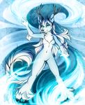  2015 5_fingers anthro antlers blue_eyes breasts eyelashes featureless_breasts featureless_crotch female grey_nose hair hooves horn kirin navel neotheta nude smile solo white_hair wide_hips 
