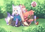  1girl :d absurdres animal_ears back-to-back blue_skin blush claws day fox_ears fox_tail geta grass highres kitsune long_hair low-tied_long_hair ofuda onmyoji open_mouth outdoors paws pink_hair pointy_ears ponytail sitting smile speech_bubble tail tattoo tiaotiaomeimei white_hair wide_sleeves youko_(onmyoji) yufeng_kaete 