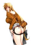  ass backless_panties bag bangs black_bow black_panties blonde_hair blush bow commentary_request cowboy_shot fate_testarossa from_behind hair_bow handbag itachou lace lace-trimmed_panties long_hair long_sleeves looking_at_viewer looking_back low-tied_long_hair lyrical_nanoha mahou_shoujo_lyrical_nanoha off_shoulder orange_eyes panties parted_bangs parted_lips skirt skirt_lift solo sweater underwear very_long_hair white_skirt 
