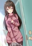  :d akagi_(kantai_collection) alternate_costume black_legwear blurry blurry_background breasts brown_eyes brown_hair hair_between_eyes holding kantai_collection long_hair long_sleeves medium_breasts open_mouth pink_sweater ribbed_sweater smile solo sweater turtleneck turtleneck_sweater yukishiro_arute 