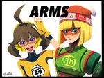  :d ahoge arms_(game) bangs beanie blonde_hair bodysuit brown_hair chinese_clothes domino_mask facepaint goggles green_eyes hat kuruto. looking_at_viewer mask mechanica_(arms) min_min_(arms) multiple_girls open_mouth purple_eyes short_hair smile 