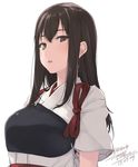  akagi_(kantai_collection) bangs breasts brown_eyes brown_hair dated japanese_clothes kantai_collection large_breasts long_hair looking_at_viewer muneate parted_lips rokuwata_tomoe short_sleeves simple_background solo twitter_username upper_body white_background wide_sleeves 