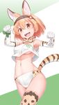  :d animal_ears armpits arms_up bare_shoulders blonde_hair bow bowtie breasts buruma cowboy_shot crop_top crop_top_overhang elbow_gloves gloves hairband highres japan_racing_association kemono_friends konnyaku_(kk-monmon) logo looking_at_viewer medium_breasts midriff navel open_mouth paw_pose ribbon serval_(kemono_friends) serval_ears serval_print serval_tail shiny shiny_skin short_hair smile solo tail thighhighs two-tone_background underboob wrist_ribbon yellow_eyes 