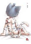  2017 4_toes anthro better_version_at_source blue_fur butt cub feline fur hair male mammal nude pawpads rear_view simple_background sitting solo striped_fur stripes toes white_background white_fur young yuanyuan 