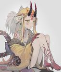  :t blonde_hair blush fang fate/grand_order fate_(series) forehead_tattoo highres horns ibaraki_douji_(fate/grand_order) japanese_clothes kimono knees_up long_sleeves looking_down off_shoulder oni_horns open_clothes open_kimono pointy_ears pout sharp_toenails sitting tattoo tearing_up tears toenails walzrj wide_sleeves yellow_eyes yellow_kimono 