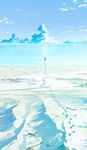  barefoot beach brown_hair day dress footprints highres long_hair loundraw original scenery signature sky solo water white_dress 