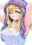  armpits arms_up ayumu-k blonde_hair blush breasts cleavage commentary_request highres long_hair looking_at_viewer love_live! love_live!_sunshine!! medium_breasts ohara_mari one-piece_swimsuit one_eye_closed see-through shiny shiny_clothes shiny_hair shiny_skin simple_background smile solo swimsuit taut_clothes towel towel_on_head wet white_background white_swimsuit yellow_eyes 