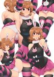  animal_ears armpits arms_up ass bangs bare_shoulders black_shirt blush breasts brown_hair bunny_ears bunny_tail commentary_request cowboy_shot flipped_hair hairband highres hunter_x_hunter large_breasts looking_at_viewer microphone minakami_(flyingman555) multiple_views open_mouth panties parted_lips pink_skirt piyon_(hunter_x_hunter) purple_eyes shirt short_hair skirt sleeveless sleeveless_shirt spread_legs striped striped_legwear tail thighhighs underwear white_hairband white_panties 