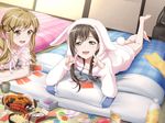  bang_dream! black_hair blush green_eyes hanazono_tae hoodie long_hair pillow smile sweater 