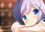  arm_rest artist_name bangs blue_eyes blurry blush chinomaron closed_mouth commentary_request dated depth_of_field eyebrows_visible_through_hair gochuumon_wa_usagi_desu_ka? hair_ornament hairclip head_tilt highres index_finger_raised indoors kafuu_chino leaning_forward light_blue_hair long_hair long_sleeves looking_at_viewer rabbit_house_uniform shelf shirt sidelocks signature smile solo white_shirt x_hair_ornament 