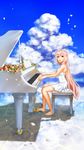  aesice bare_shoulders barefoot brown_eyes cloud cloudy_sky day dress flower highres instrument lips long_hair original petals piano pink_hair rose sitting sky smile solo very_long_hair 