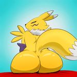 ambiguous_gender anthro bed big_butt butt canine digimon digital_media_(artwork) fox fur half-closed_eyes ilovefox lonbluewolf looking_at_viewer looking_back mammal raised_tail renamon simple_background sitting sketch solo 