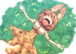  animal_ears between_legs blonde_hair bow bowtie breasts closed_eyes commentary_request elbow_gloves fangs flower gloves grass happy high-waist_skirt kemono_friends kuresento large_breasts lying on_back on_ground open_mouth outstretched_arms serval_(kemono_friends) serval_ears serval_print serval_tail shirt short_hair skirt sleeveless sleeveless_shirt smile solo spread_arms tail tail_between_legs thighhighs 
