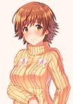  absurdres bangs blush bow breasts brown_eyes brown_hair commentary_request highres honda_mio idolmaster idolmaster_cinderella_girls keffiy looking_at_viewer medium_breasts orange_sweater ribbed_sweater short_hair simple_background smile solo sweater swept_bangs turtleneck turtleneck_sweater 