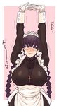  1girl arms_up black_lagoon braid breasts cpusuy eyes_closed glasses gloves huge_breasts long_hair maid maid_headdress roberta_(black_lagoon) solo stretch twin_braids 