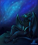  2015 anthro barefoot blue_eyes clothed clothing dragon grass male membranous_wings neotheta night outside sitting sky star starry_sky wings 